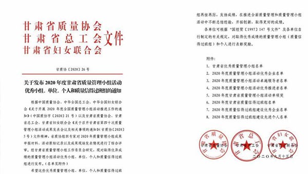 近日，甘肅省質(zhì)量協(xié)會(huì)、甘肅省總工會(huì)、甘肅省婦女聯(lián)合會(huì)聯(lián)合發(fā)文表彰了2020年甘肅省優(yōu)秀質(zhì)量管理小組活動(dòng)成果，隧道公司推薦申報(bào)的《研發(fā)一組濕陷性黃土路基施工高功效參數(shù)》《提高U型槽安裝的美觀度》和《